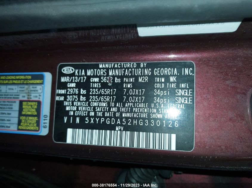 2017 KIA SORENTO 3.3L LX - 5XYPGDA52HG330126