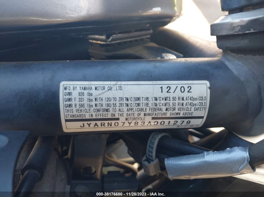 2003 YAMAHA FZS10 JYARN07Y83A001279