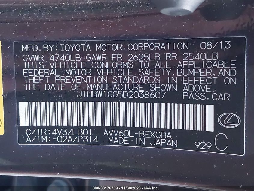 2013 LEXUS ES 300H HYBRID - JTHBW1GG5D2038607