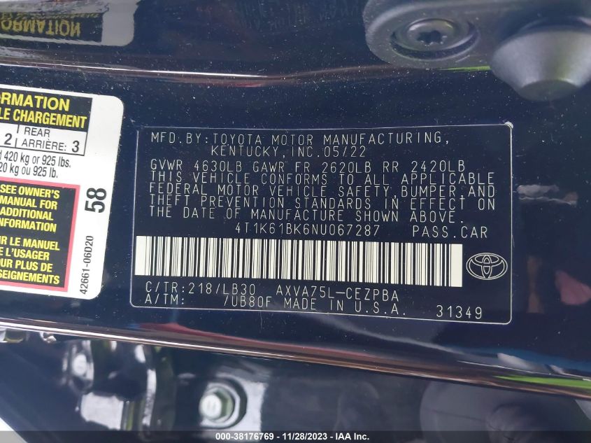 2022 TOYOTA CAMRY XSE - 4T1K61BK6NU067287