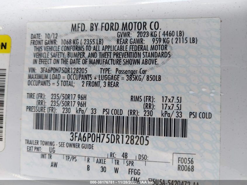 2013 FORD FUSION SE - 3FA6P0H75DR128205
