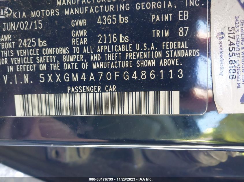 5XXGM4A70FG486113 | 2015 KIA OPTIMA