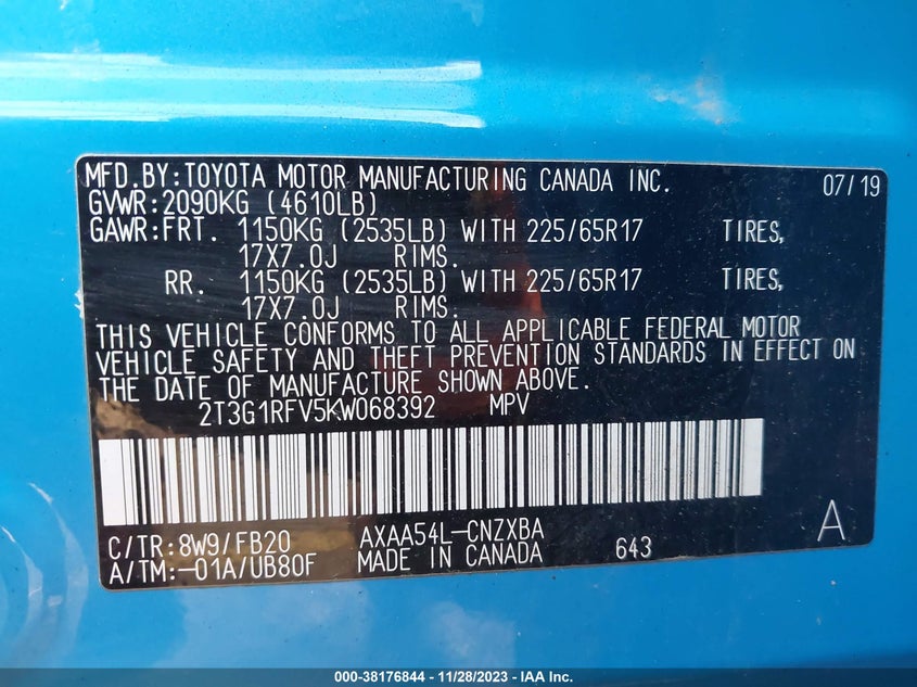 VIN 2T3G1RFV5KW068392 2019 TOYOTA RAV4 LE