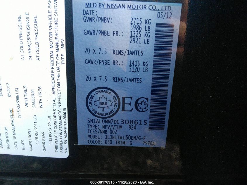 2013 INFINITI JX35 5N1AL0MM7DC308615