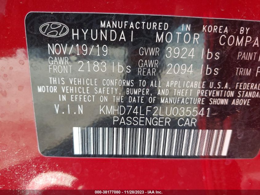 VIN KMHD74LF2LU035541 2020 HYUNDAI ELANTRA no.9