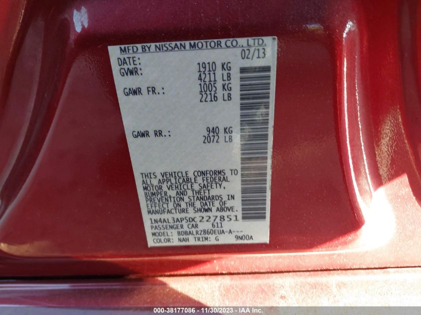 2013 NISSAN ALTIMA 2.5/S/SV/SL - 1N4AL3AP5DC227851
