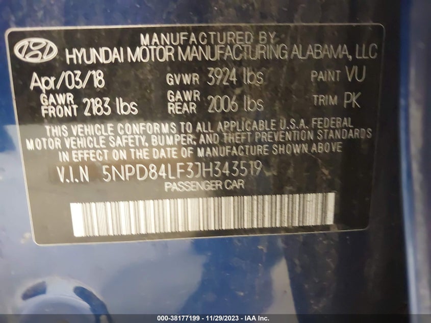 VIN 5NPD84LF3JH343519 2018 HYUNDAI ELANTRA SEL/VALUE/LIMITED