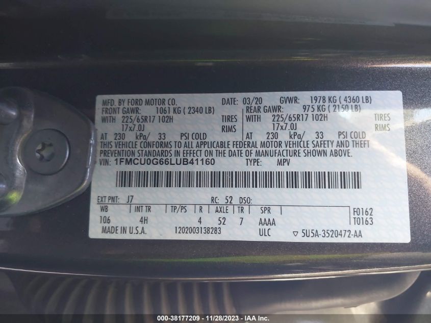 2020 FORD ESCAPE SE - 1FMCU0G66LUB41160