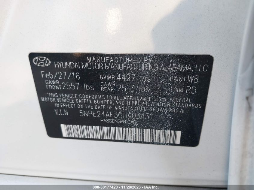 2016 HYUNDAI SONATA SE - 5NPE24AF3GH403431