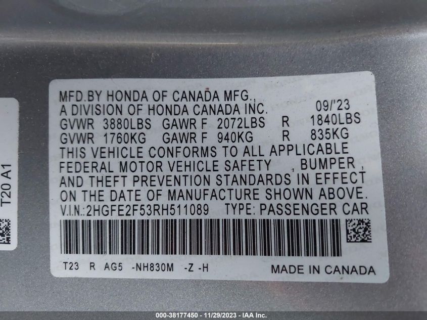 2024 HONDA CIVIC SPORT - 2HGFE2F53RH511089