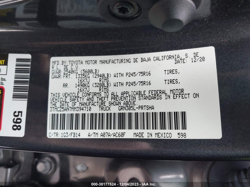 VIN 3TMCZ5AN7MM394710 2021 TOYOTA TACOMA SR V6