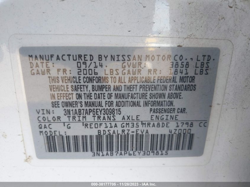 2014 NISSAN SENTRA SR - 3N1AB7AP6EY309815