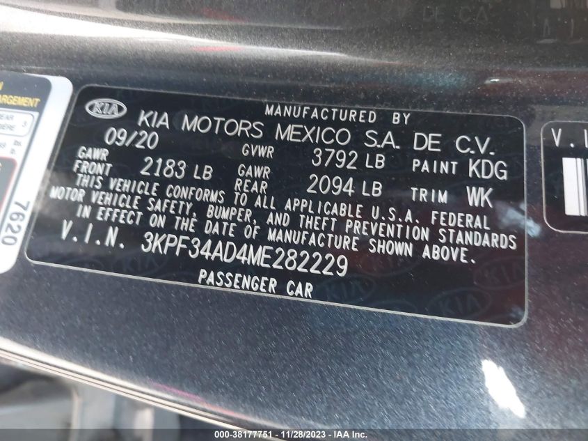 2021 KIA FORTE GT LINE - 3KPF34AD4ME282229