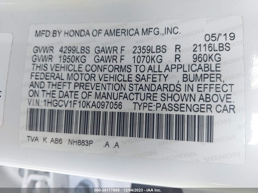 VIN 1HGCV1F10KA097056 2019 HONDA ACCORD LX