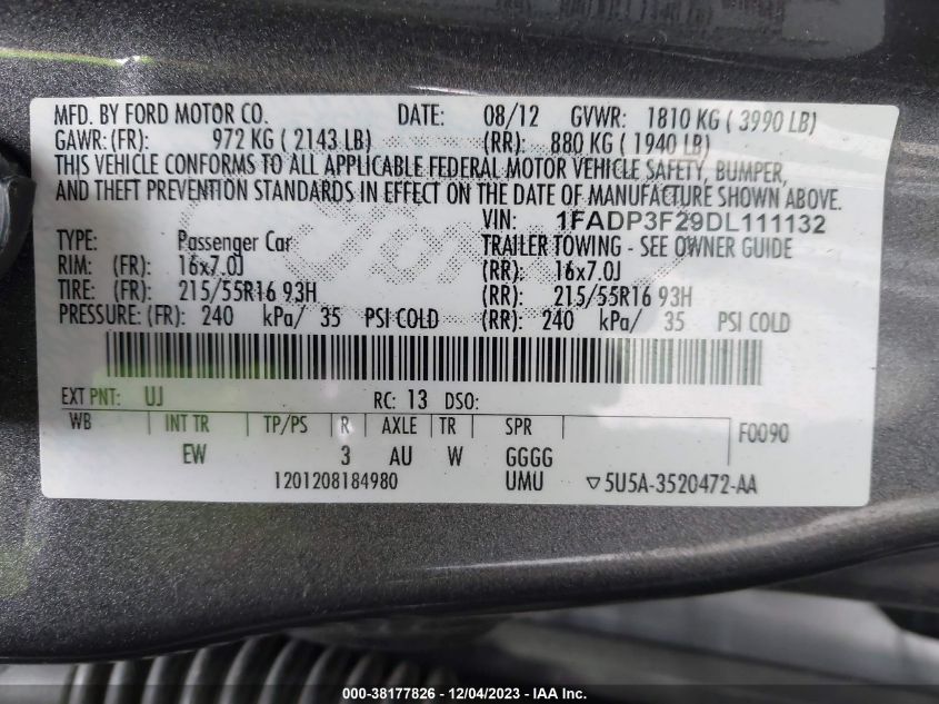 2013 FORD FOCUS SE - 1FADP3F29DL111132