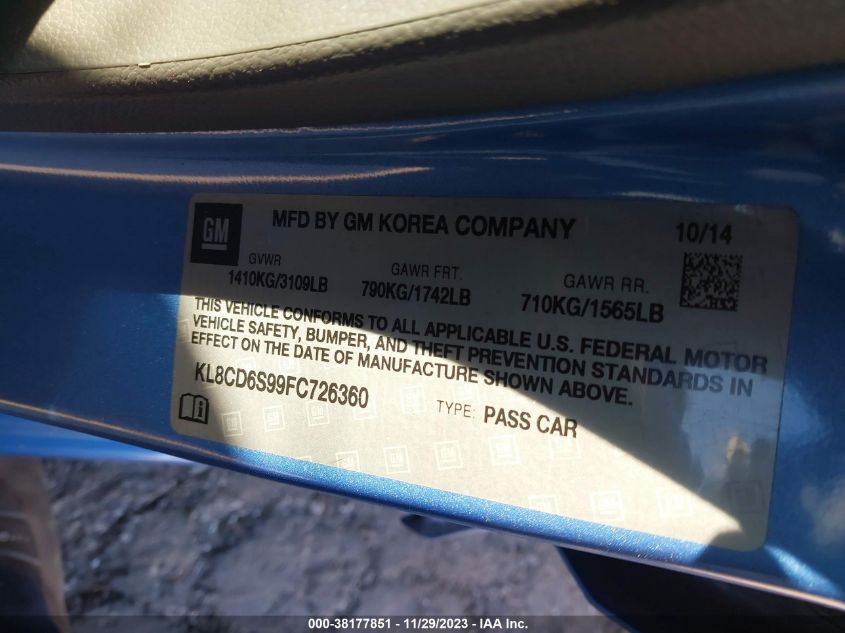 2015 CHEVROLET SPARK 1LT CVT - KL8CD6S99FC726360