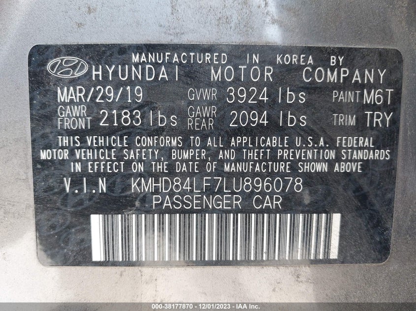 VIN KMHD84LF7LU896078 2020 HYUNDAI ELANTRA SEL/VALUE/LIMITED