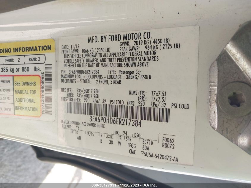 2014 FORD FUSION SE - 3FA6P0HD6ER217384