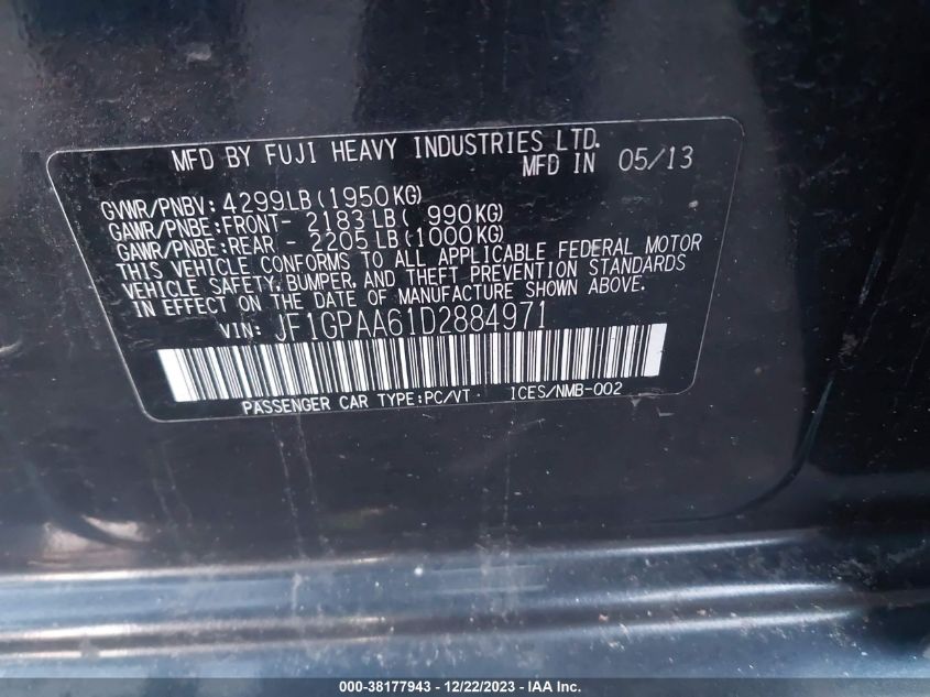 2013 SUBARU IMPREZA 2.0I - JF1GPAA61D2884971