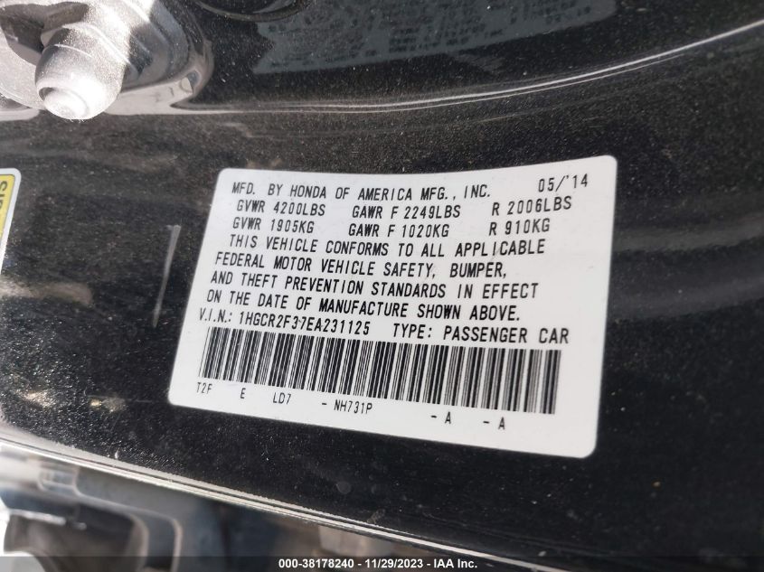 2014 HONDA ACCORD LX - 1HGCR2F37EA231125