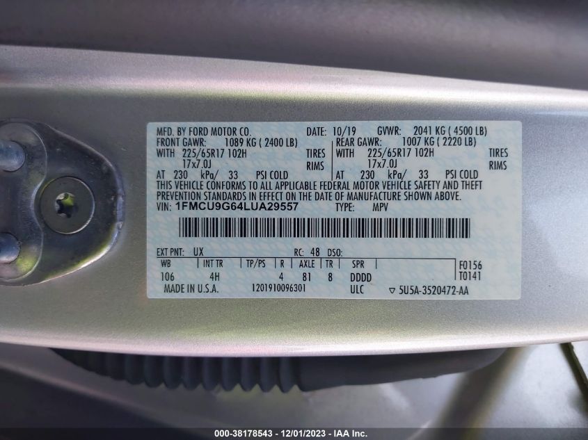 2020 FORD ESCAPE SE - 1FMCU9G64LUA29557