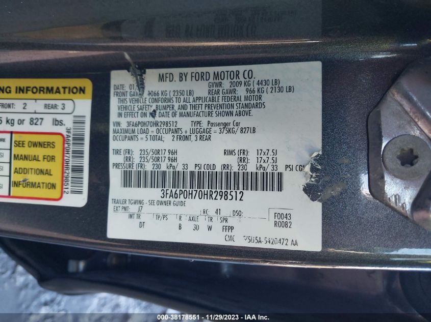 2017 FORD FUSION SE - 3FA6P0H70HR298512