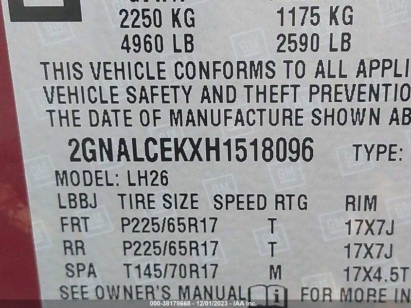 VIN 2GNALCEKXH1518096 2017 CHEVROLET EQUINOX LT