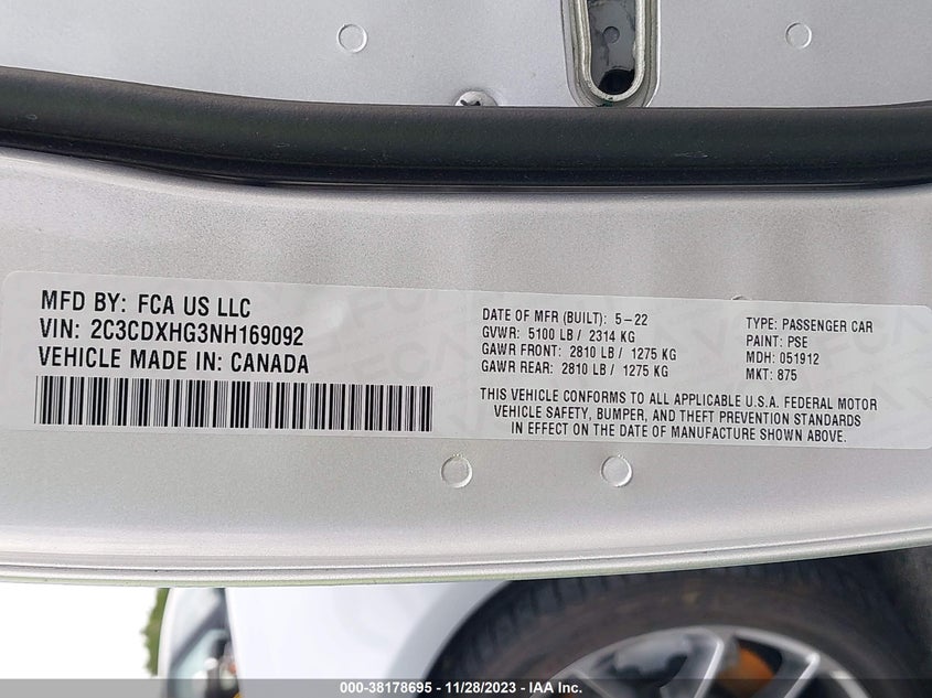 VIN 2C3CDXHG3NH169092 2022 DODGE CHARGER GT RWD