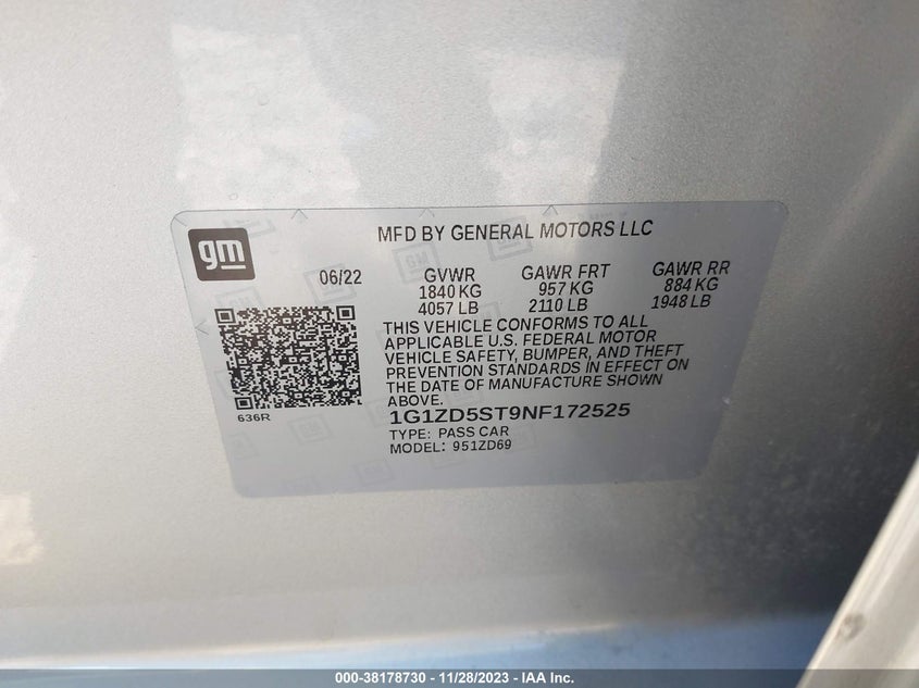 VIN 1G1ZD5ST9NF172525 2022 CHEVROLET MALIBU LT