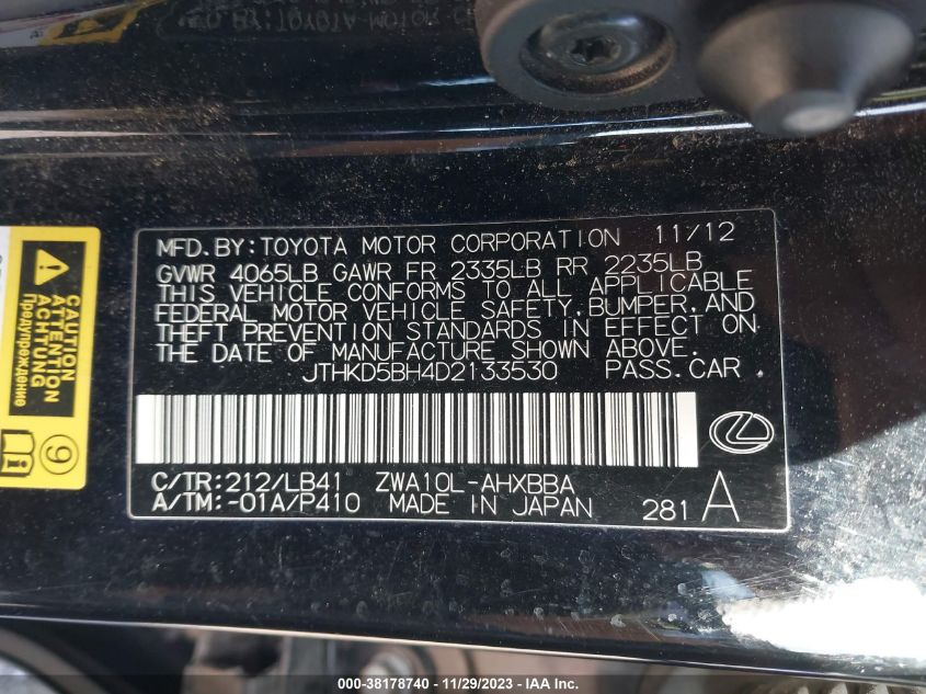 2013 LEXUS CT 200H HYBRID - JTHKD5BH4D2133530