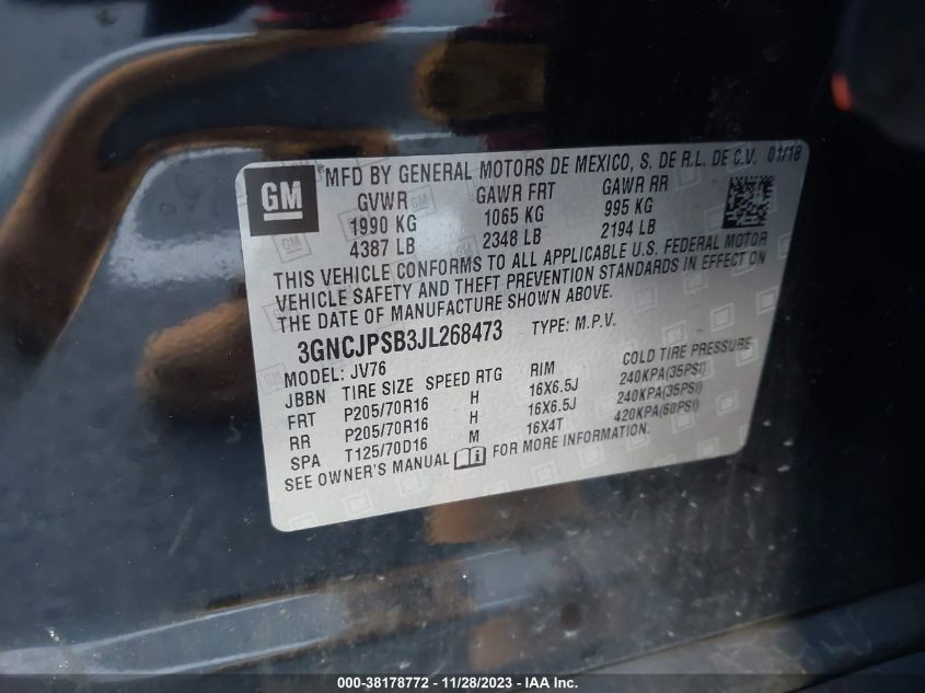 2018 CHEVROLET TRAX 1LT - 3GNCJPSB3JL268473