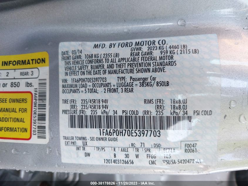 2014 FORD FUSION SE - 1FA6P0H70E5397703