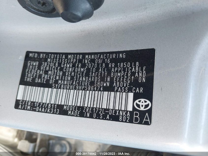 2017 TOYOTA COROLLA LE - 5YFBURHE9HP586474