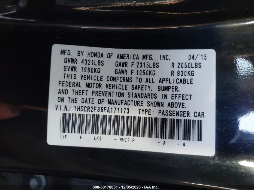 2015 HONDA ACCORD  EX-L - 1HGCR2F86FA171173