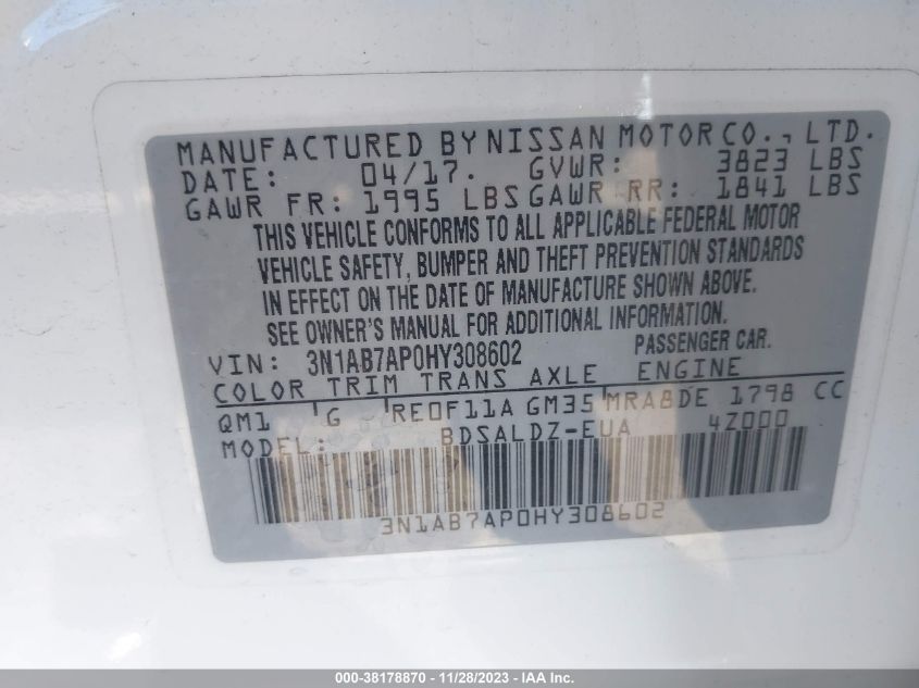 2017 NISSAN SENTRA S/SV/SR/SL - 3N1AB7AP0HY308602