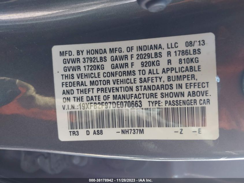 2013 HONDA CIVIC EXL - 19XFB2F97DE070663