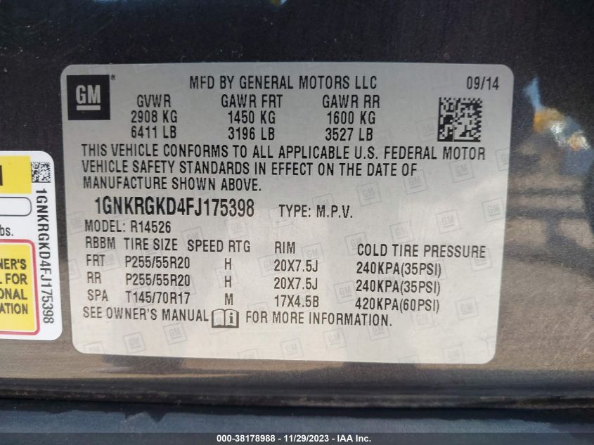 2015 CHEVROLET TRAVERSE LT - 1GNKRGKD4FJ175398