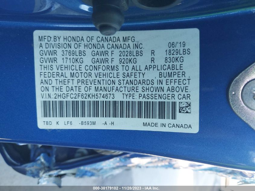 2019 HONDA CIVIC LX - 2HGFC2F62KH574673