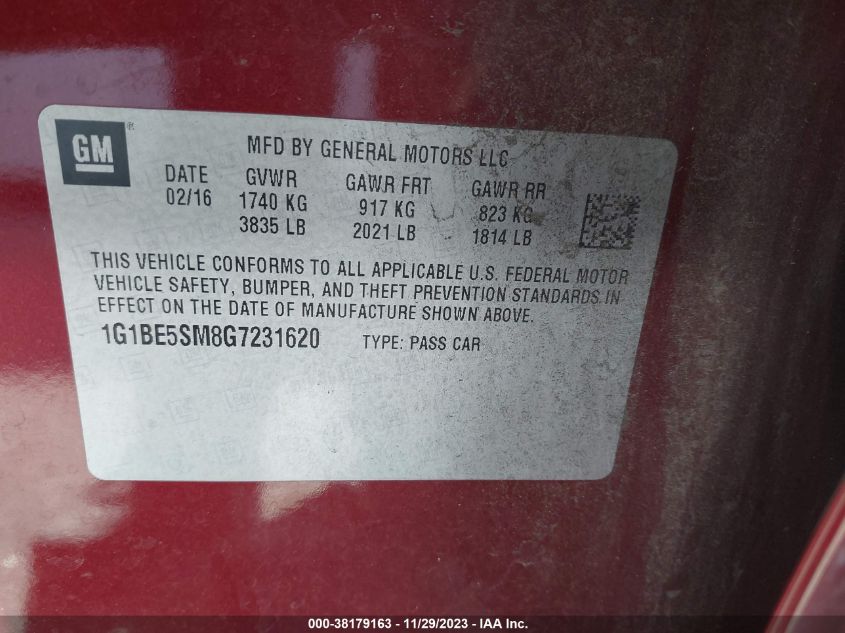 2016 CHEVROLET CRUZE LT - 1G1BE5SM8G7231620
