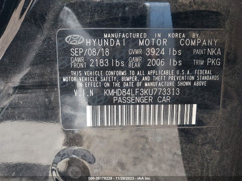 2019 HYUNDAI ELANTRA SEL/VALUE/LIMITED - KMHD84LF3KU773313