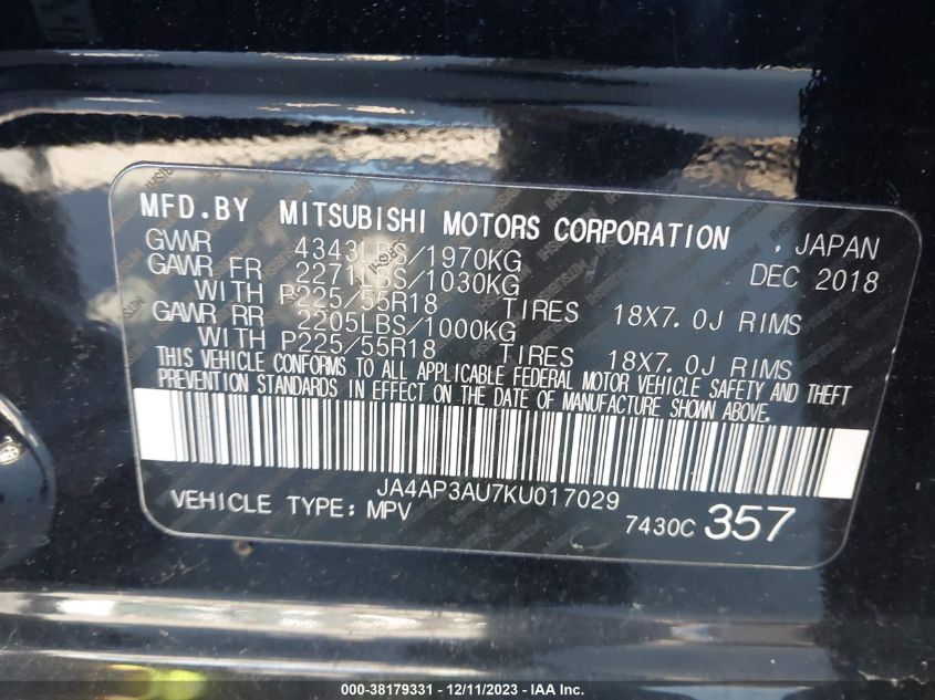 2019 MITSUBISHI OUTLANDER SPORT 2.0 ES - JA4AP3AU7KU017029