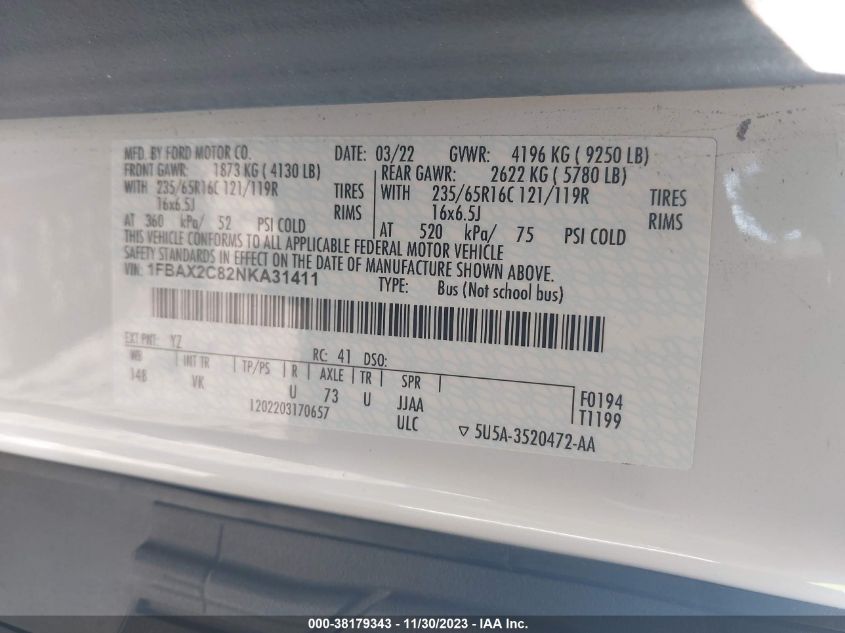 2022 FORD TRANSIT-350 PASSENGER VAN XL - 1FBAX2C82NKA31411