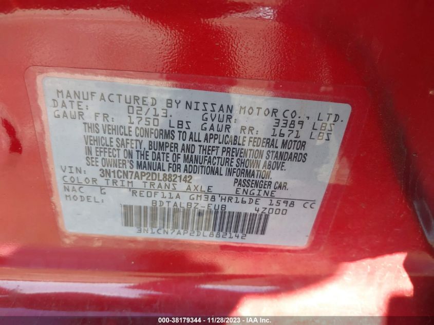 2013 NISSAN VERSA 1.6 SV - 3N1CN7AP2DL882142