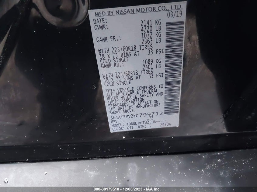 VIN 5N1AT2MV2KC799712 2019 NISSAN ROGUE SV