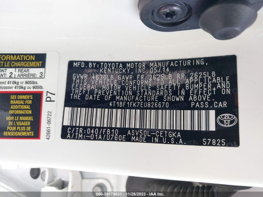 2014 TOYOTA CAMRY XLE - 4T1BF1FK7EU826670