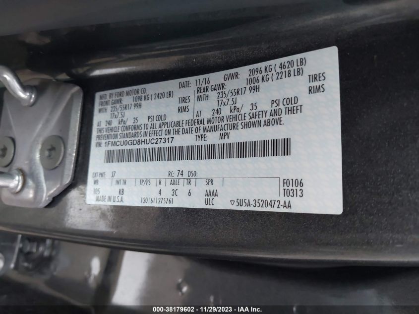 2017 FORD ESCAPE SE - 1FMCU0GD8HUC27317
