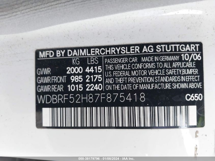 WDBRF52H87F875418 | 2007 MERCEDES-BENZ C-CLASS