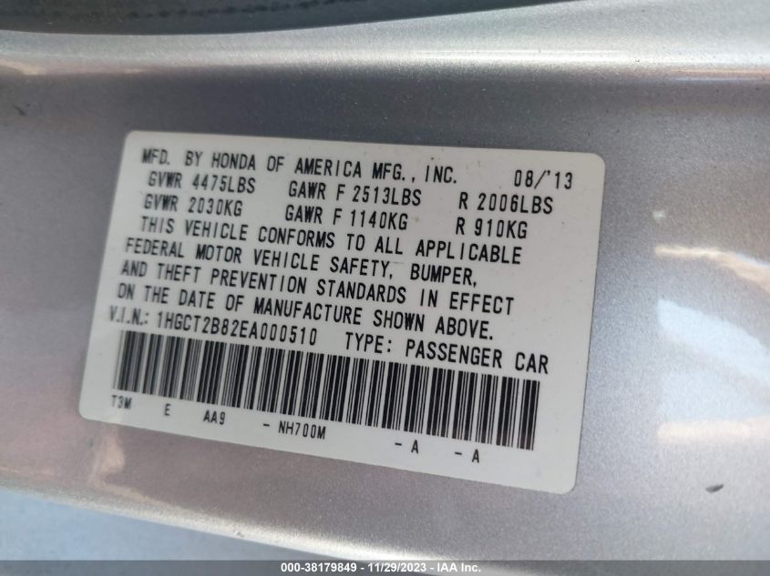 2014 HONDA ACCORD EX-L V-6 - 1HGCT2B82EA000510