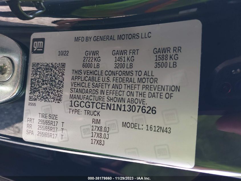 2022 CHEVROLET COLORADO LT - 1GCGTCEN1N1307626
