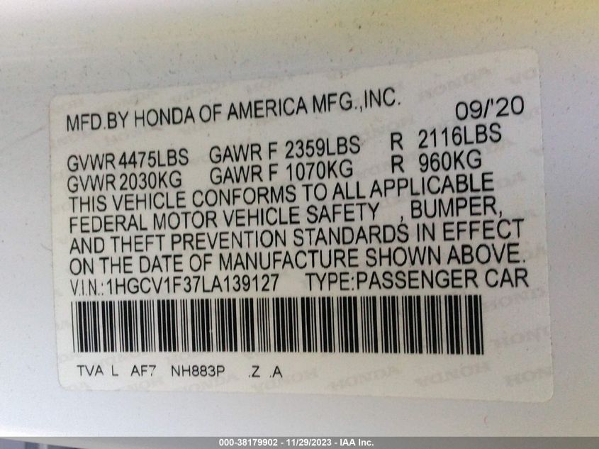 1HGCV1F37LA139127 | 2020 HONDA ACCORD